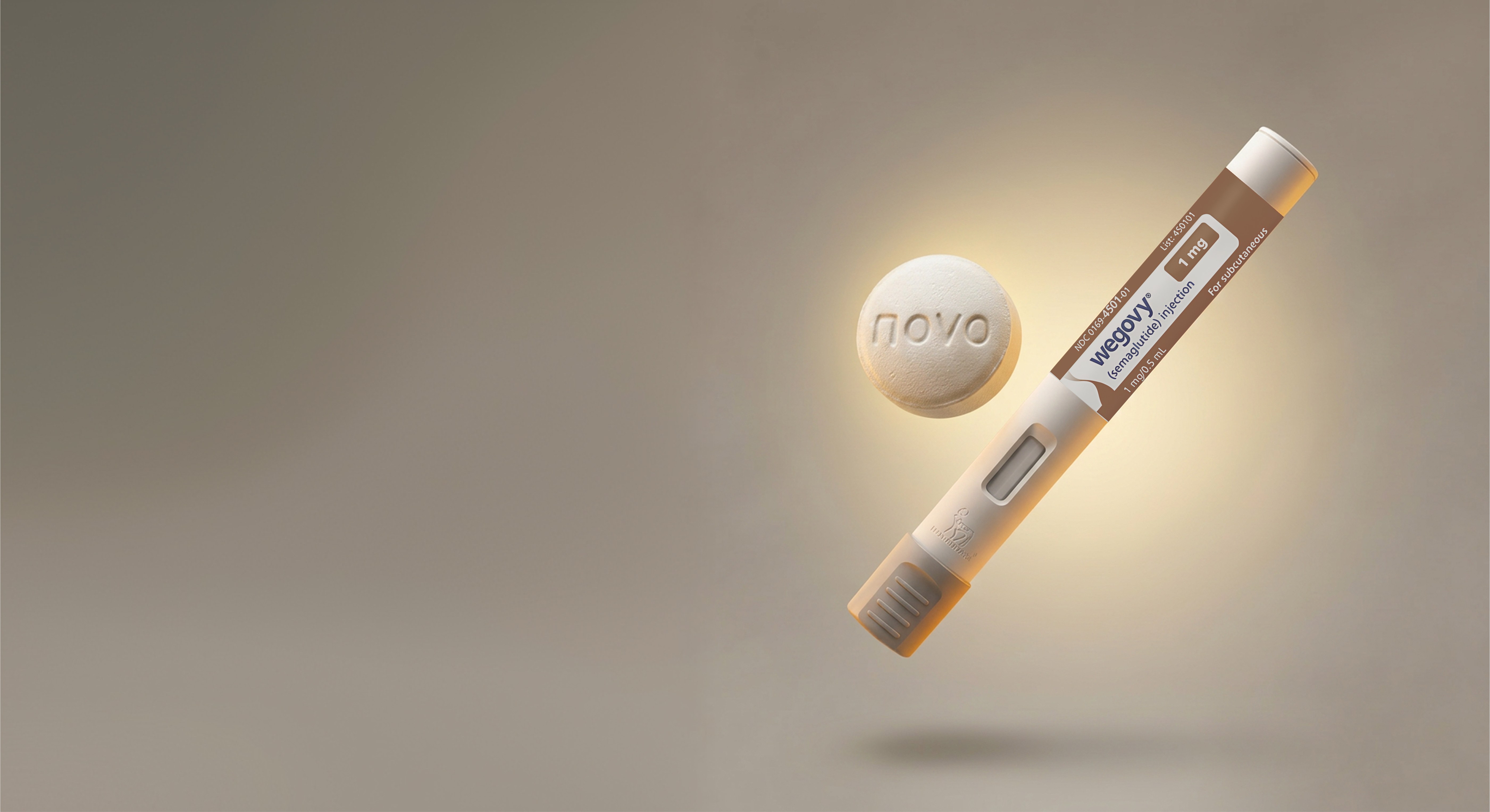 Wegovy injection pen and pill floating on a warm taupe background